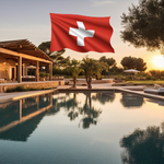 Bild von einer Villa mit Pool, darüber ist als Grafik die Flagge der Schweiz eingesetzt