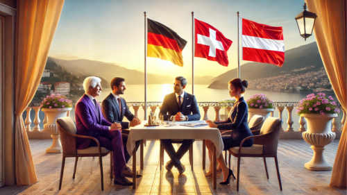 Bild mit 4 Personen die an einem Tisch auf eine Balkon mit Blick auf das Meer sitzen. An der Brüstung wehen die Flaggen von Deutschland, der Schweiz und Österreich